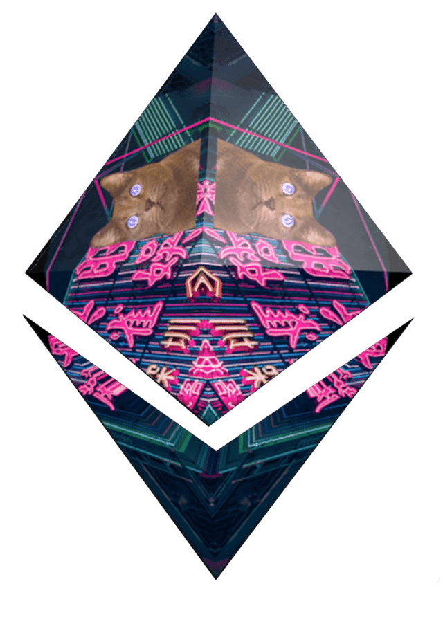 Graphic of ETH glyph with a kaleidoscope of cats