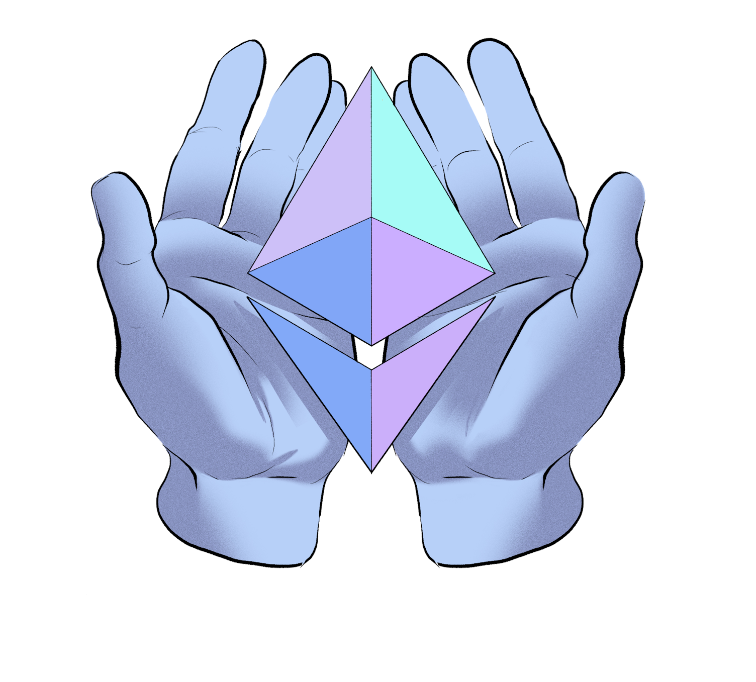 Illustration of hands offering an ETH symbol.